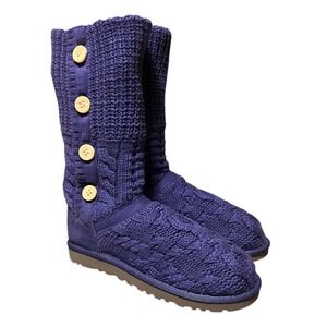 UGG Australia Knit Button Boots Purple Tall Cable Knit Sheepskin Lined Size 8